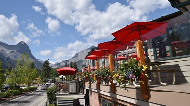 View off The Drake Inn and Pub's patio.  View of Ha Ling and East End of Rundle mountain peaks great for a family dinner