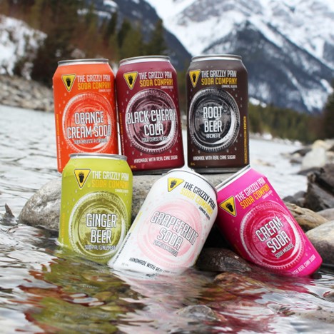 The Girzzly Paw Brewery's assortment of their locally crafted sodas, sitting in the river with mountains in the background.  Great option for family friendly beverage