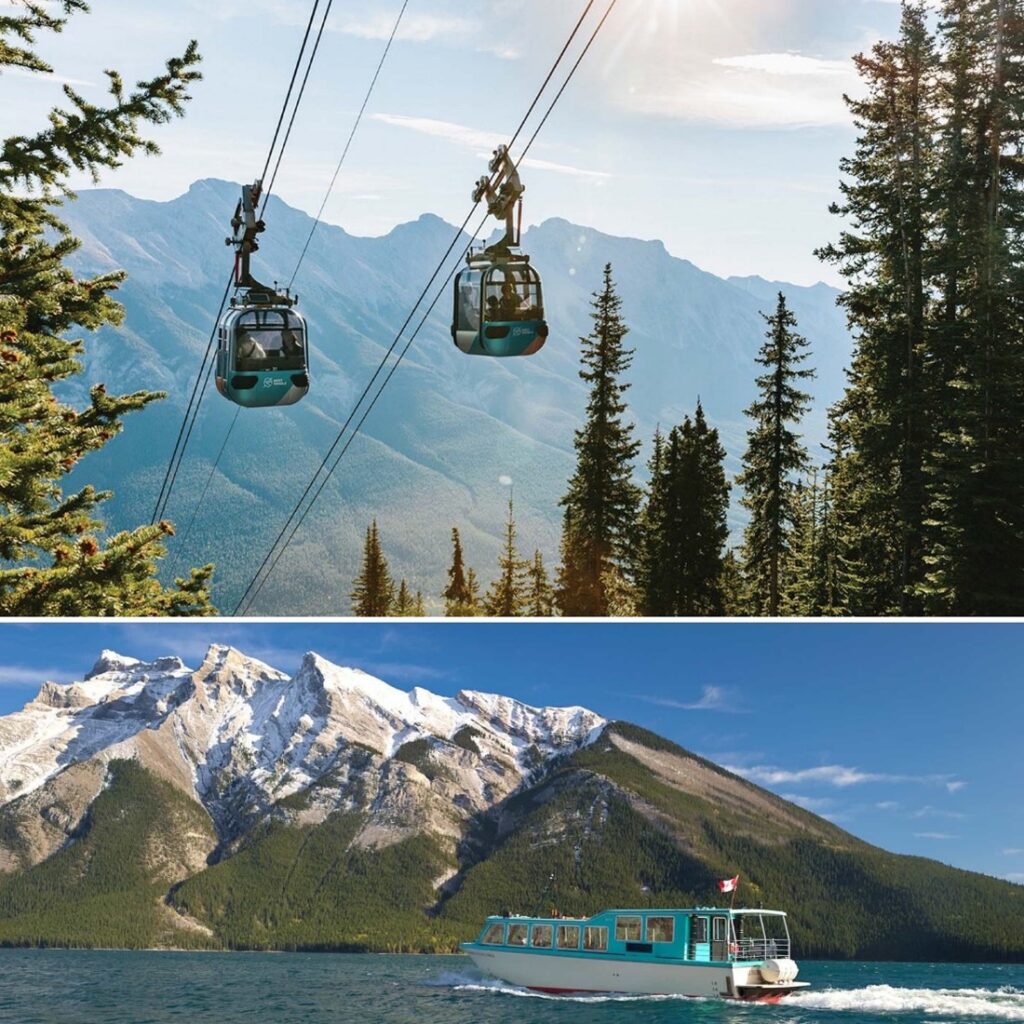 Top portion of photo features the Banff Gondola overlooking Rundle Mountain range.
Bottom portion of photo features the Lake Minnewanka Cruise boat cruising through the lake past snow capped mountains
Both awesome adventures in the heart of Banff
