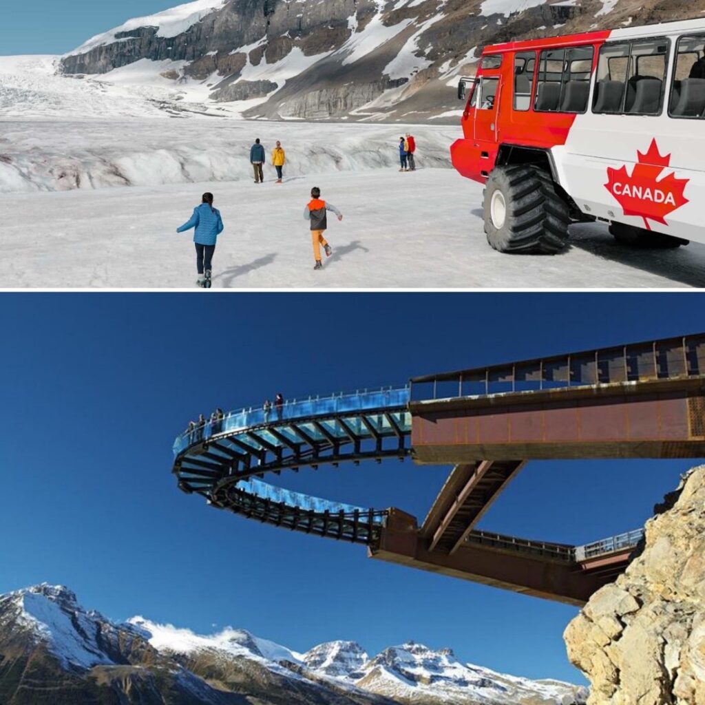 Top portion of photo features the Athabasca Glacier with people outside the Ice Explorer vehicle venturing out to step foot on the surface.
Bottom portion of the photo showcases the glass bottom bridge of the Skywalk surrounded by the peaks of mountains 