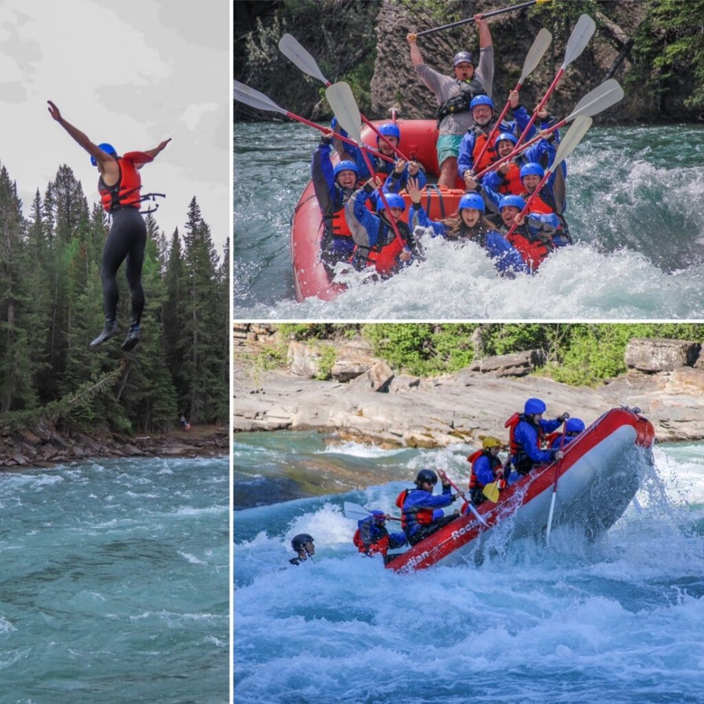 Rafters rafting and cliff jumping on the Bow River - Horseshoe Canyon and Kananaskis River with Canadian Rockies Rafting in Canmore, Alberta