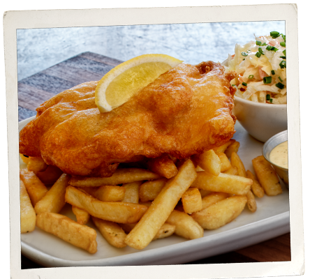 Monday dining special of Fish and Chips at Fergus and Bix in Canmore, Alberta