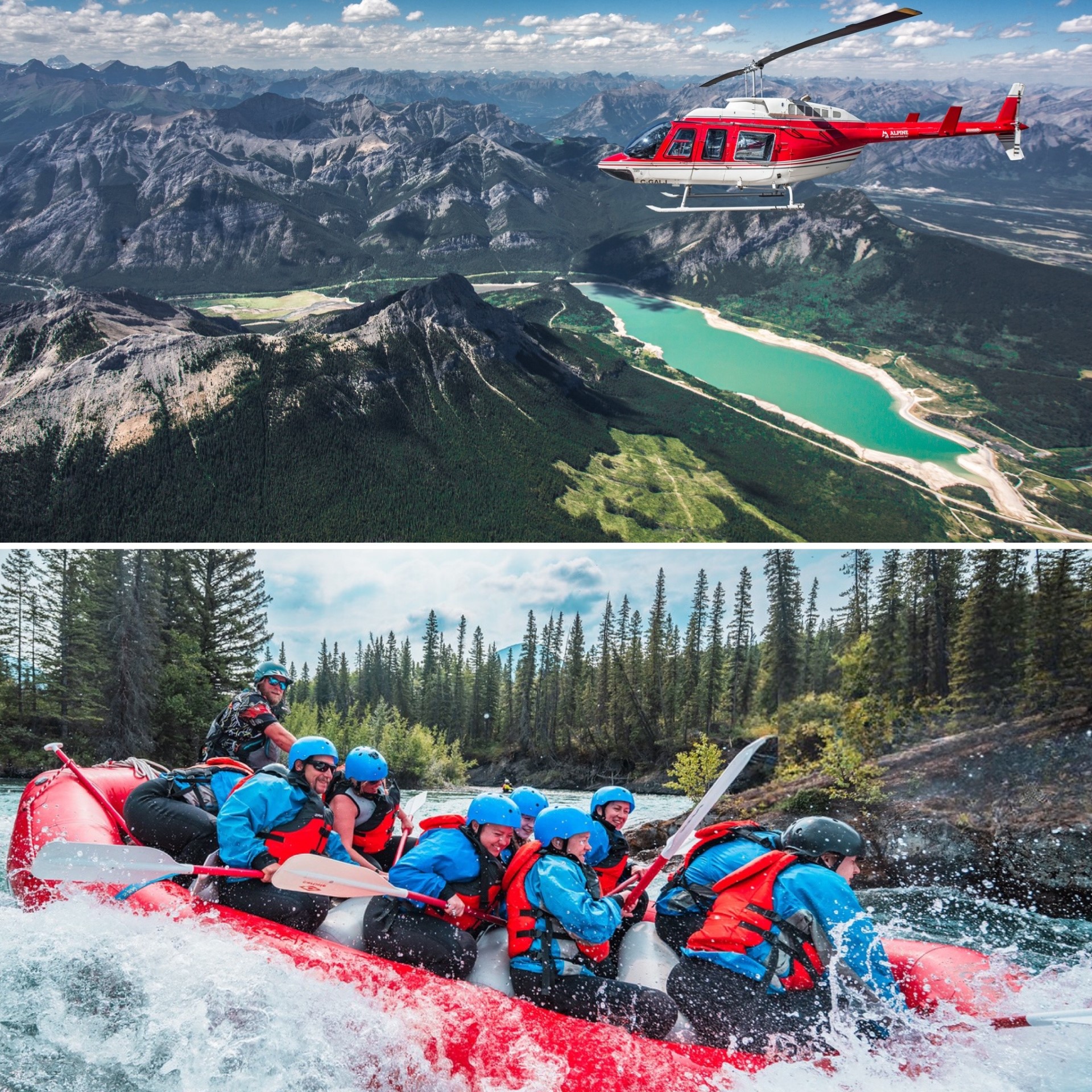 Alpine Helicopter over mountains and Rafters in a red raft going through whitewater