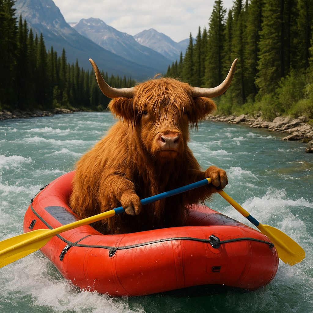 Highland Cow Rafting in a red raft on the Kananaskis River with Canadian Rockies Rafting
