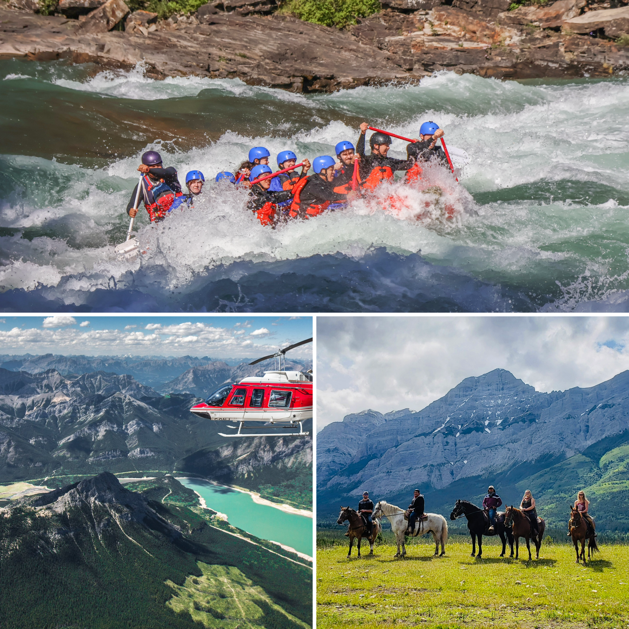 Canadian Rockies adventures including whitewater rafting with Canadian Rockies Rafting, helicopter tours with Alpine Helicopters and horseback riding with Boundary Ranch